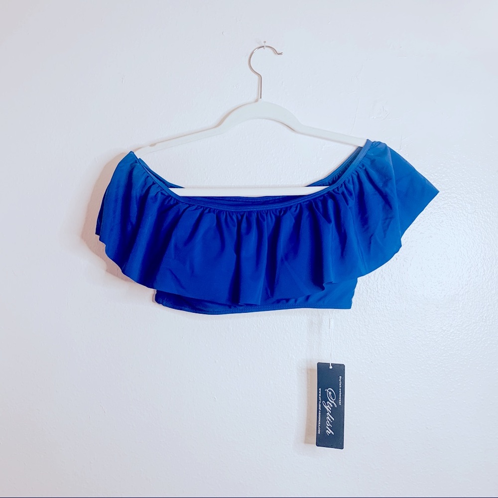 Red Dress Off the Shoulder Blue Ruffle Bikini Top